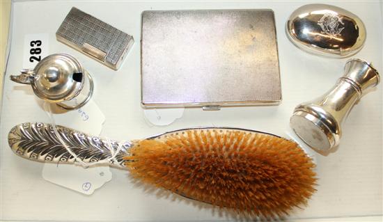 Silver cigarette case, mustard, pepper, toilet jar lid & Niagara Falls ingot, silver-mounted brush & plated Dunhill lighter